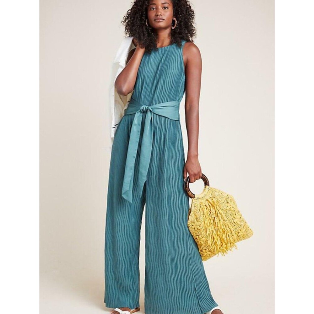 NWT Anthropologie Marina Plisse Green Jumpsuit Size Medium